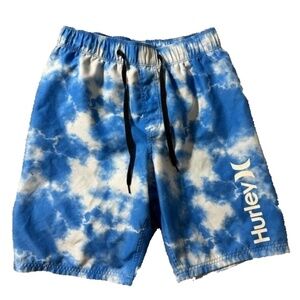 Hurley Blue White Cloud Tie Dye Swim Trunks Bathing Suit Summer Size 10/12